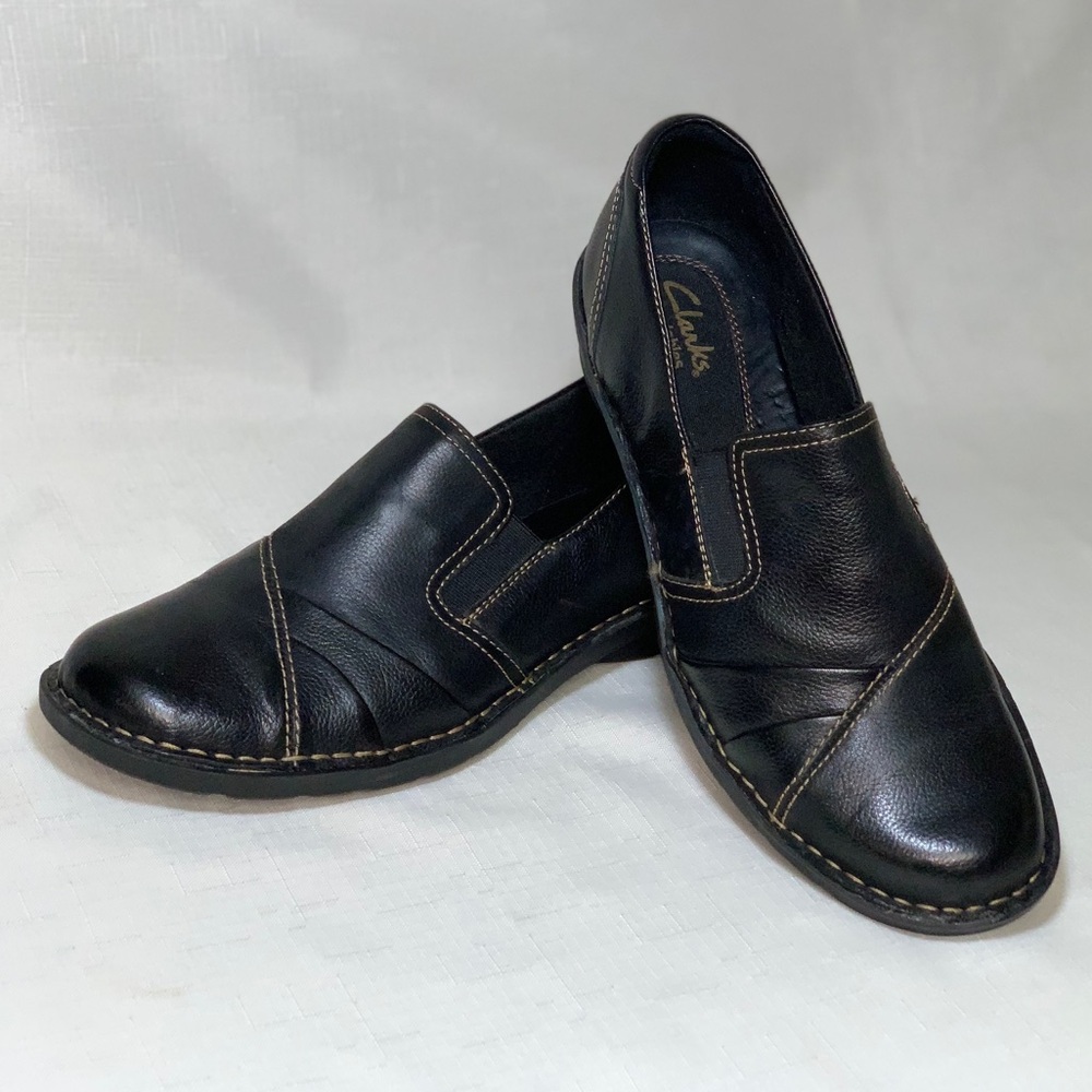 🆕 CLARKS BENDABLES Leather Loafer Shoes Women's 8.5 Black Slip-on Comfort